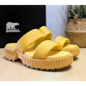 SOREL Ona Streetworks Platform Slide Yellow Leather Mid Sandals Women's 9 NIB